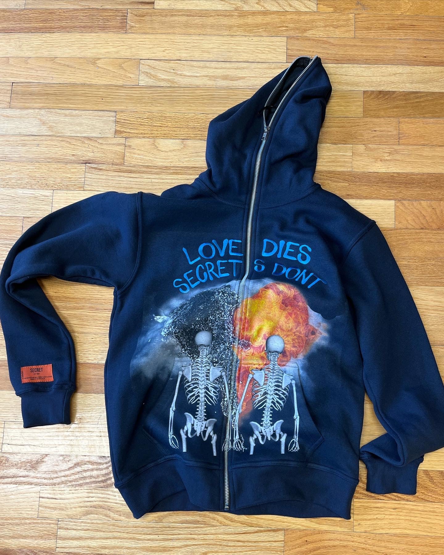 “Love Dies Secrets Dont” Full zip embroidered hoodie